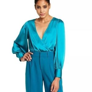 Satin Surplice Long-Sleeve Top in Teal
